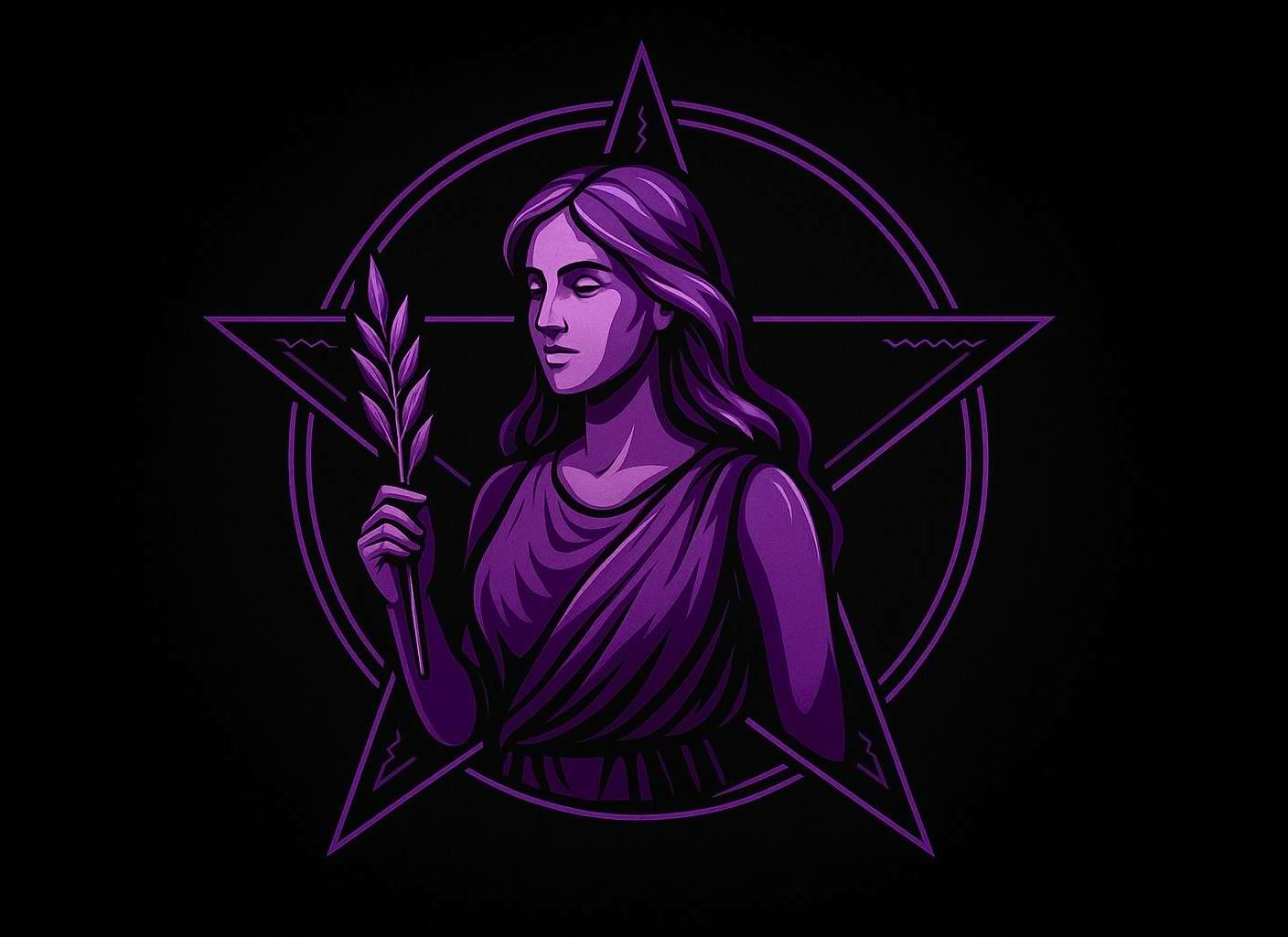 Purple Virgo zodiac maiden holding a wheat stalk with a glowing pentagram on black background